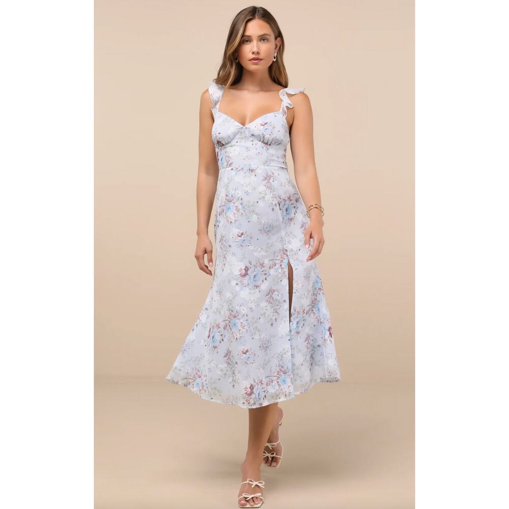 Lulus Delightful Direction Blue Floral Ruffled Tie-Strap Midi Dress Small NWT